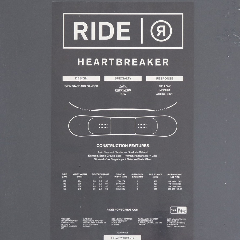 ライドスノーボード（RIDE SNOWBOARDS）（レディース）スノーボード 板 ボード板 レディース ブラック 22-23 R220201901 HEARTBREAKER ハートブレイカー