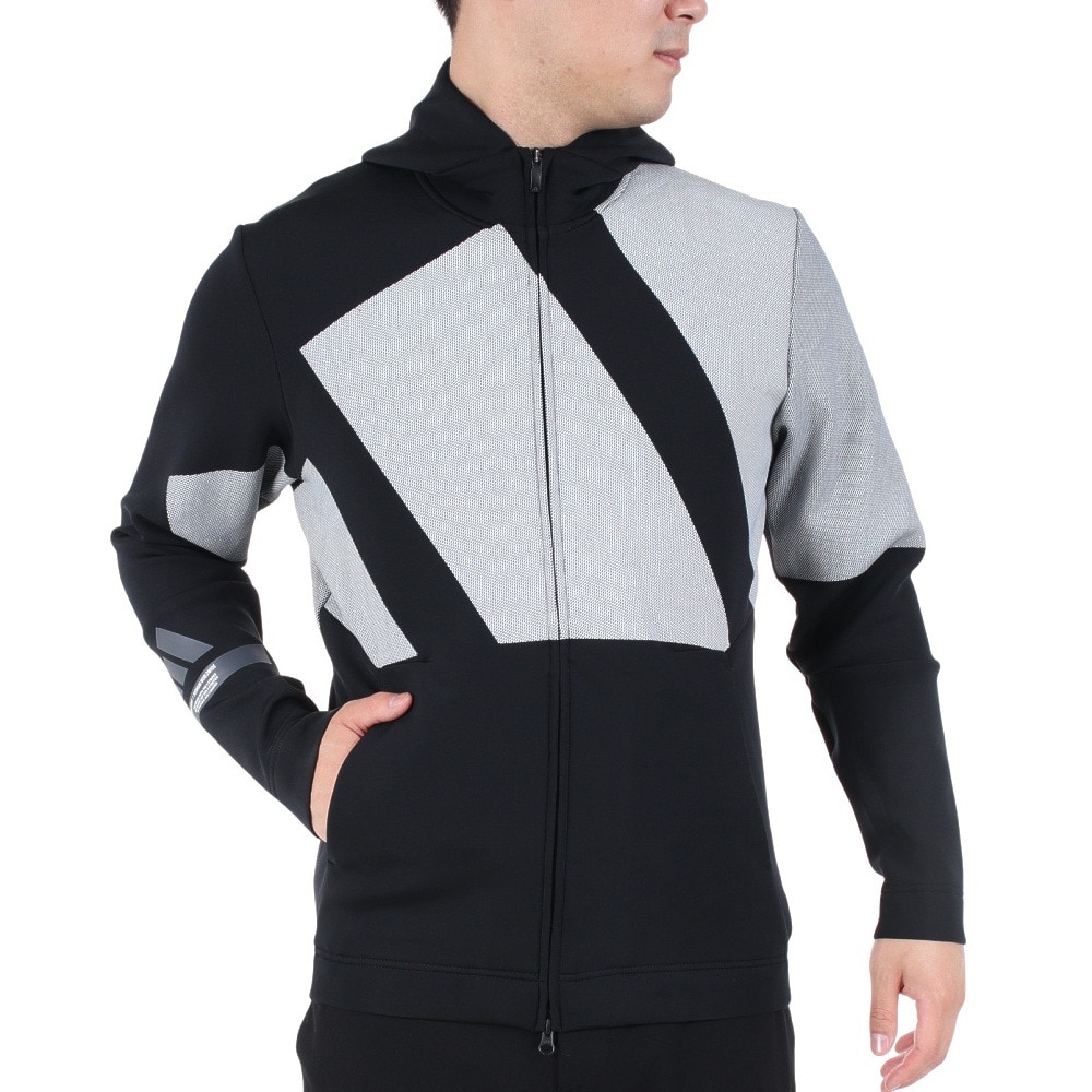 アディダス（adidas）（メンズ）ゴルフウェア アウター ストレッチ ビック ロゴ ダンボールニット 長袖フルジップフーディー  NMJ92-HZ1418 BK ゴルフ用品はヴィクトリアゴルフ