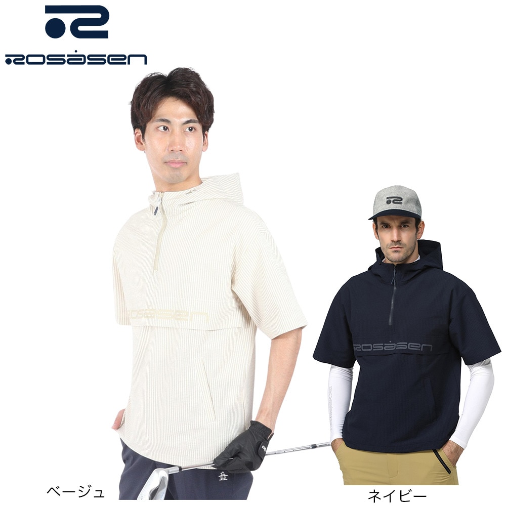 ROSASEN（メンズ）ゴルフウェア アウター 吸水速乾 エコサッカーストライプ半袖フルジップパーカー 044-31341-098