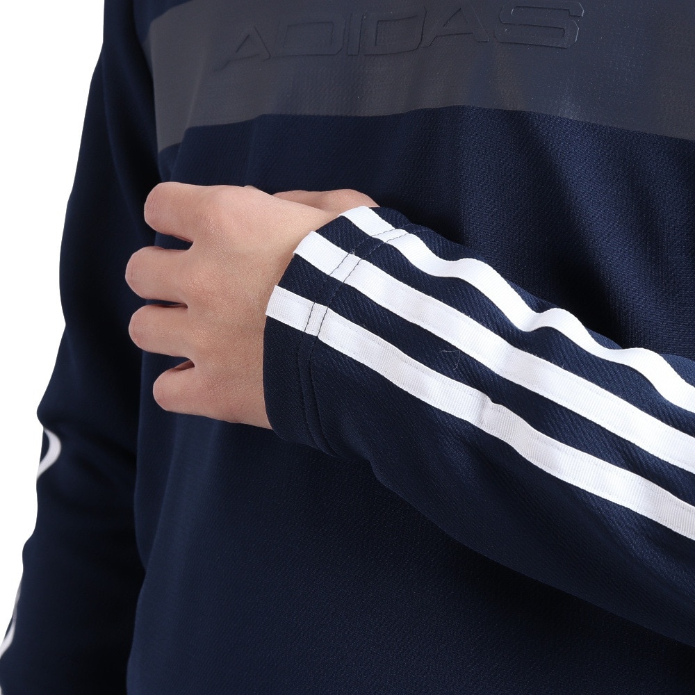 アディダス(adidas)(メンズ)ゴルフウェア ダブルニット 吸湿性 保温性 スリーストライプス 長袖モックネックシャツ SF285-HG8267NV アディダス(adidas)(メンズ)ゴルフウェア ダブルニット 吸湿性 保温性 スリーストライプス 長袖モックネックシャツ SF285-HG8267NV
