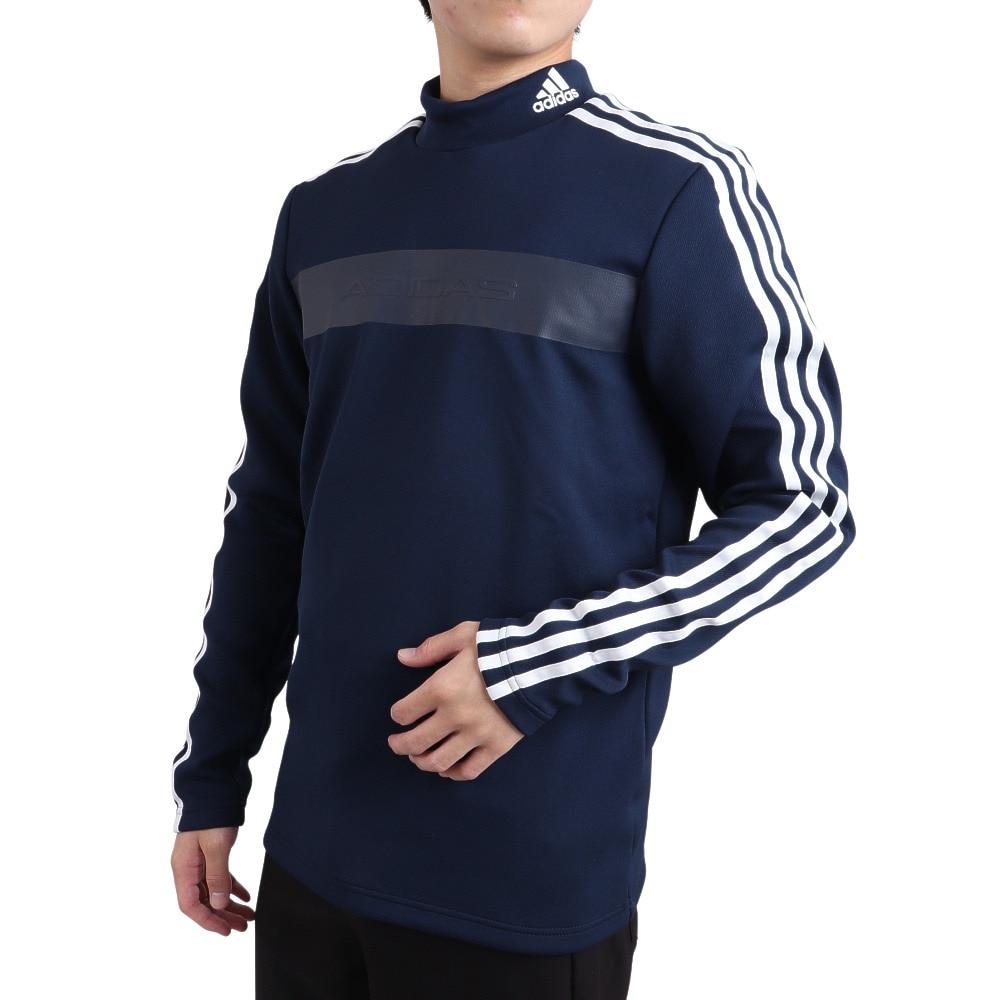 アディダス(adidas)(メンズ)ゴルフウェア ダブルニット 吸湿性 保温性 スリーストライプス 長袖モックネックシャツ SF285-HG8267NV アディダス(adidas)(メンズ)ゴルフウェア ダブルニット 吸湿性 保温性 スリーストライプス 長袖モックネックシャツ SF285-HG8267NV