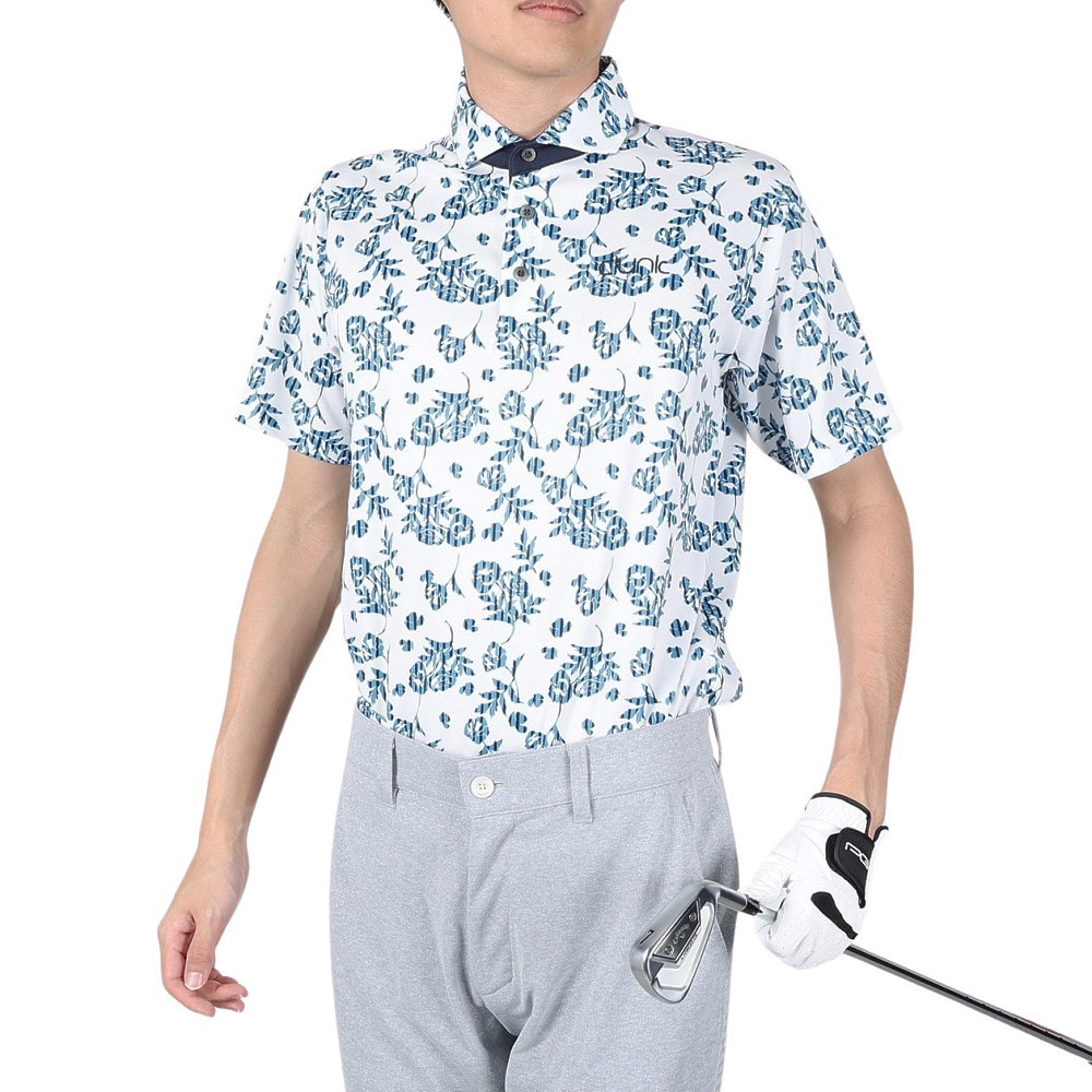 クランク（CLUNK）（メンズ）ゴルフウェア 半袖 吸汗 速乾 ストライプフラワーポロシャツ CL5MTG12 WHT
