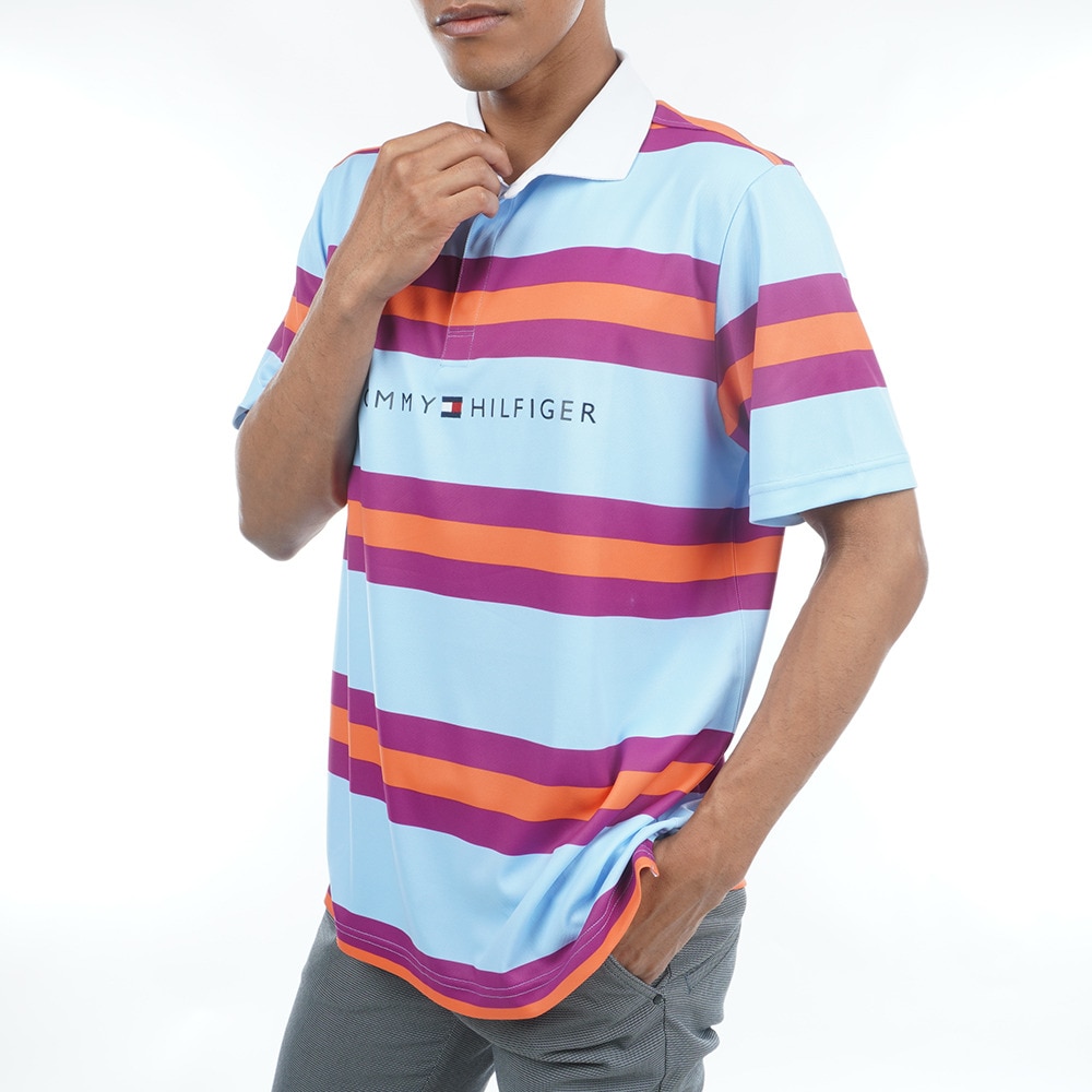 トミー ヒルフィガー ゴルフ（TOMMY HILFIGER GOLF）（メンズ）ゴルフウェア ストライプ 半袖ラガーシャツ THMA302-SAX