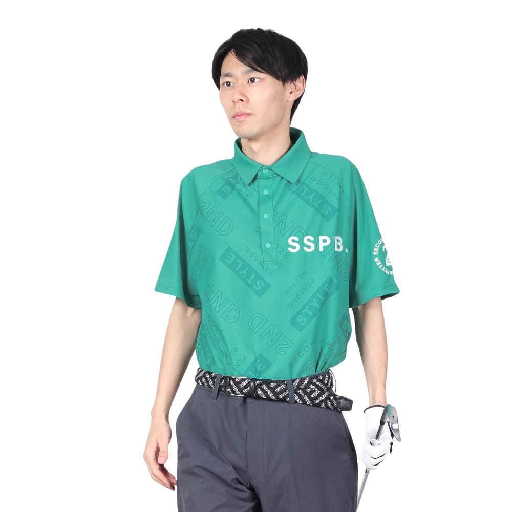 Second Style（Second Style）（メンズ）ゴルフウェア 吸水速乾 接触冷感 総柄ビッグ半袖ポロシャツ 242224-GRN