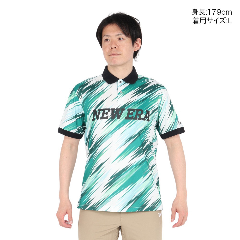 ニューエラ（NEW ERA）（メンズ、レディース）ゴルフウェア 吸汗速乾 抗菌 半袖 鹿の子ポロシャツ Palm Leaf Camo エメラルドグリーン 14391487