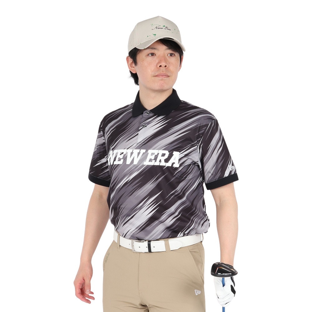 ニューエラ（NEW ERA）（メンズ、レディース）ゴルフウェア 吸汗速乾 半袖 鹿の子 ポロシャツ Palm Leaf Camo ブラック 14391488