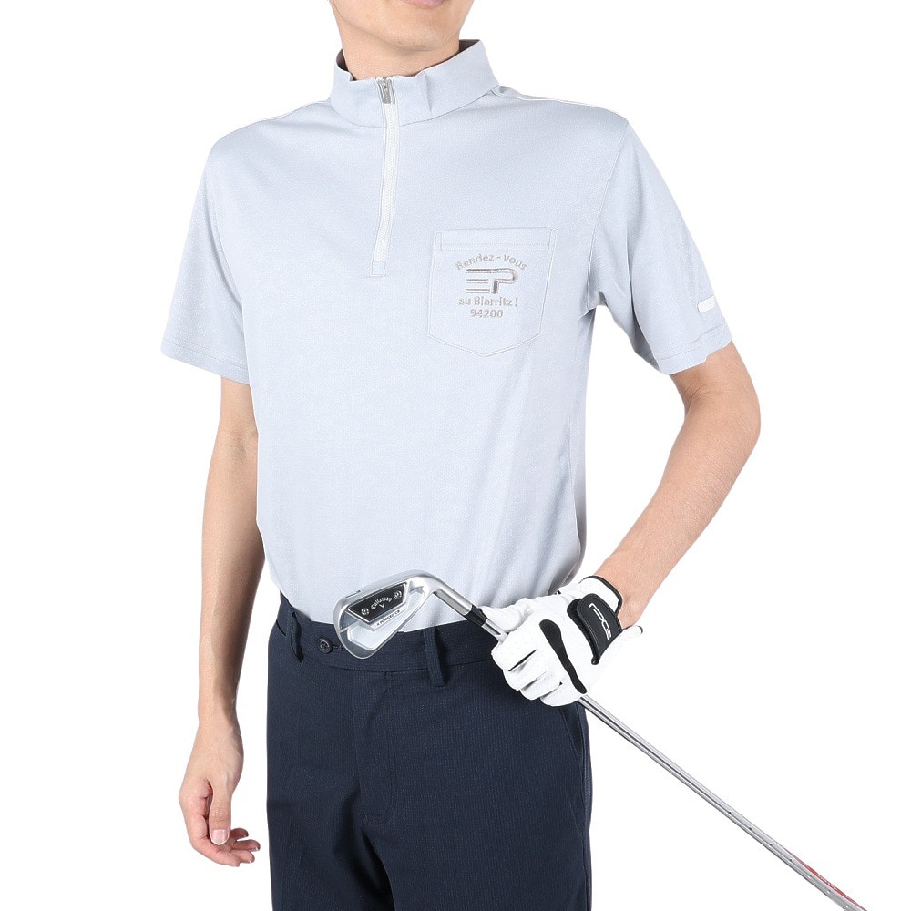 エピキュ ル ゴルフウェア 吸汗速乾 UVカット エンボスハイネック ジップアップ 半袖ポロシャツ 151-26341-012 ＬＬ 91 ゴルフ画像