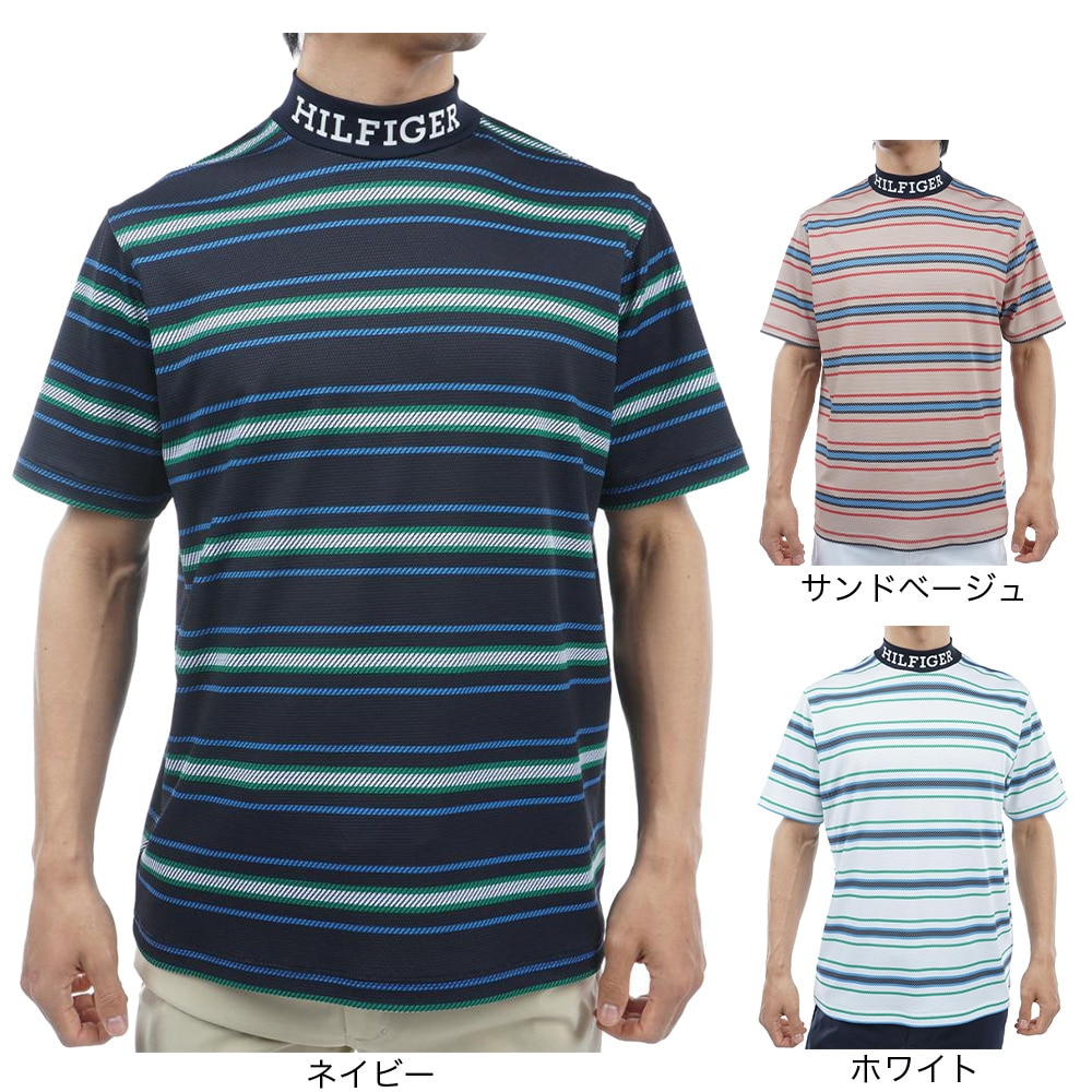 トミー ヒルフィガー ゴルフ（TOMMY HILFIGER GOLF）（メンズ）ゴルフウェア マルチボーダー半袖モックネック THMA406-WHT