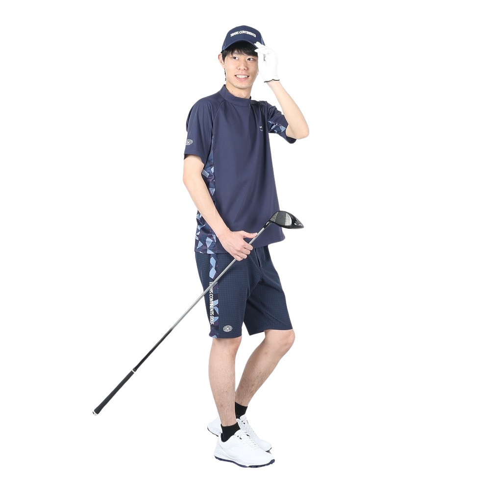 トランスコンチネンツ（TRANS CONTINENTS）（メンズ）ゴルフウェア 半袖 メンズ 幾何柄 モックネックTシャツ 24WTR01-NV