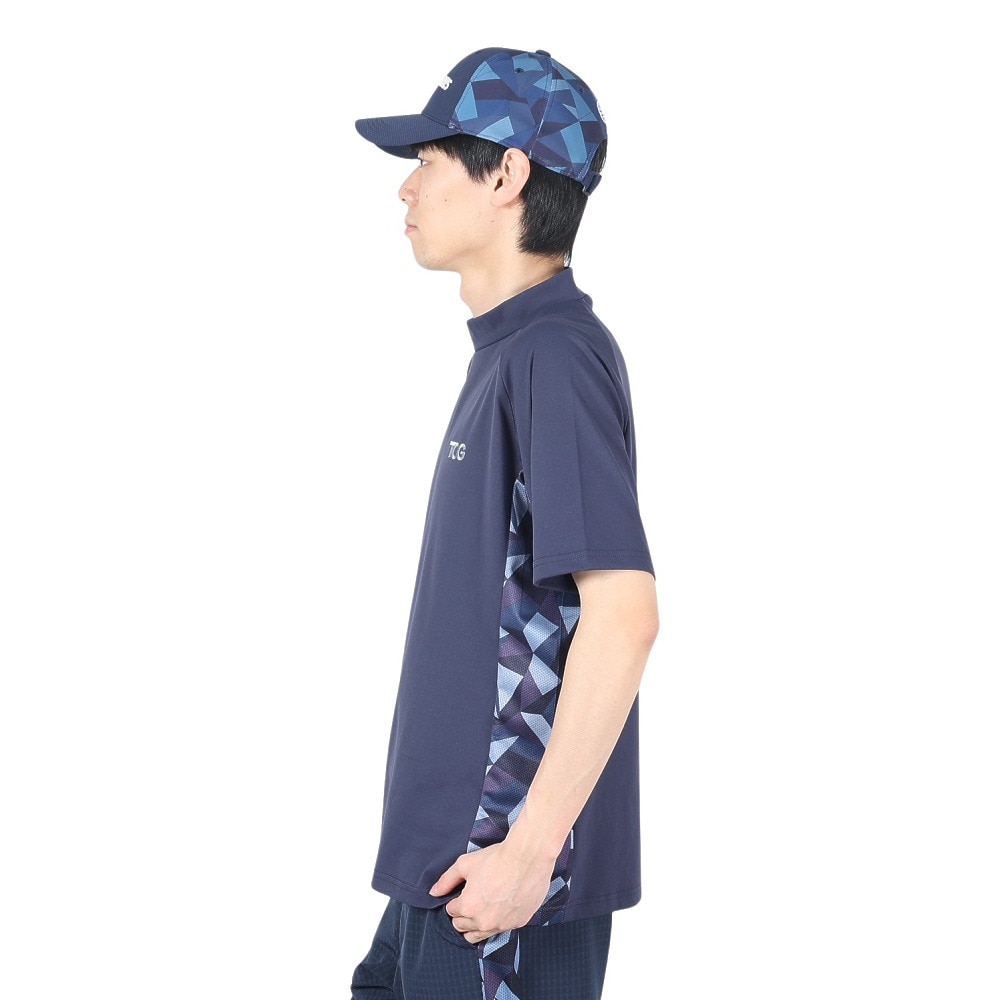トランスコンチネンツ（TRANS CONTINENTS）（メンズ）ゴルフウェア 半袖 メンズ 幾何柄 モックネックTシャツ 24WTR01-NV