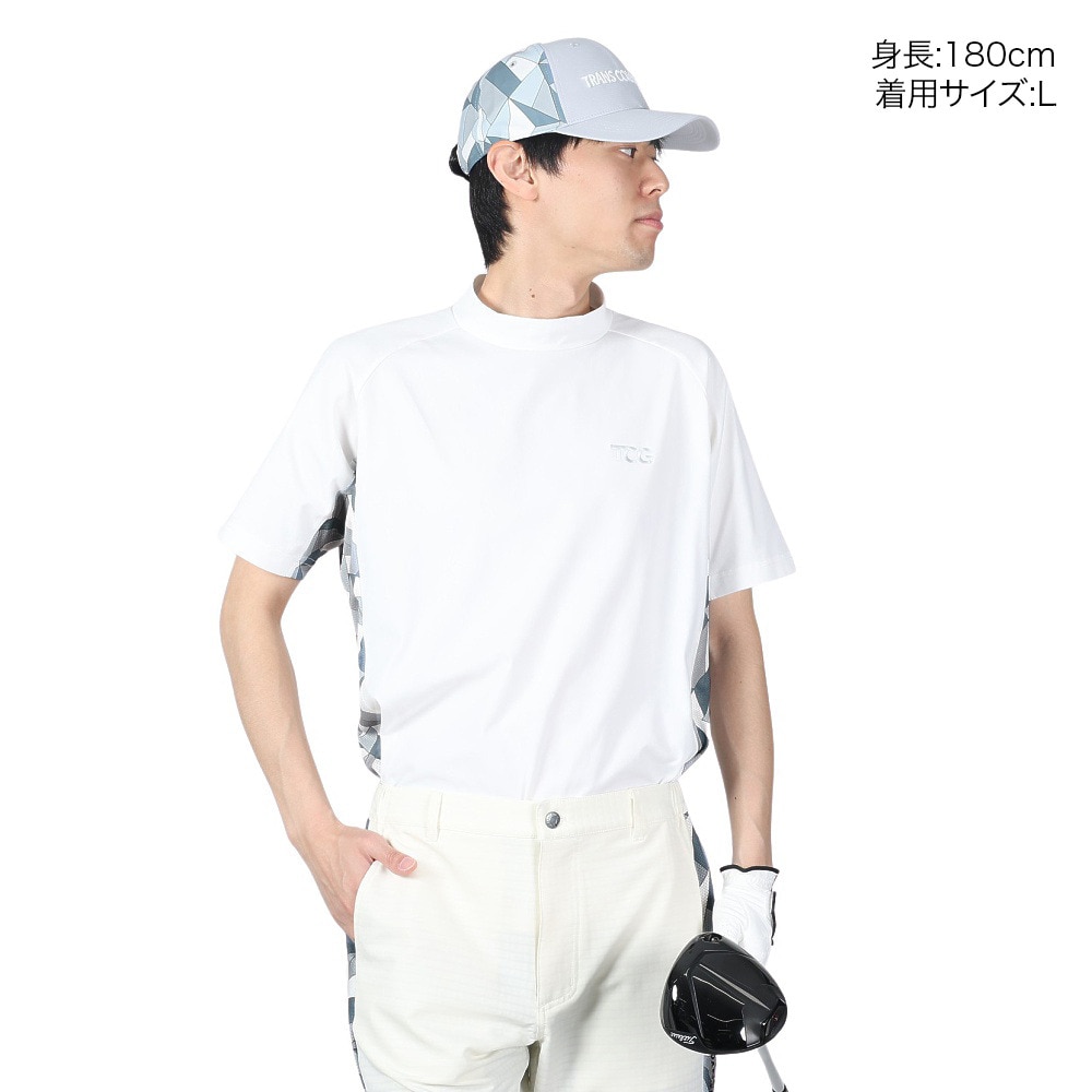トランスコンチネンツ（TRANS CONTINENTS）（メンズ）ゴルフウェア 半袖 メンズ 幾何柄 モックネックTシャツ 24WTRX01-WH