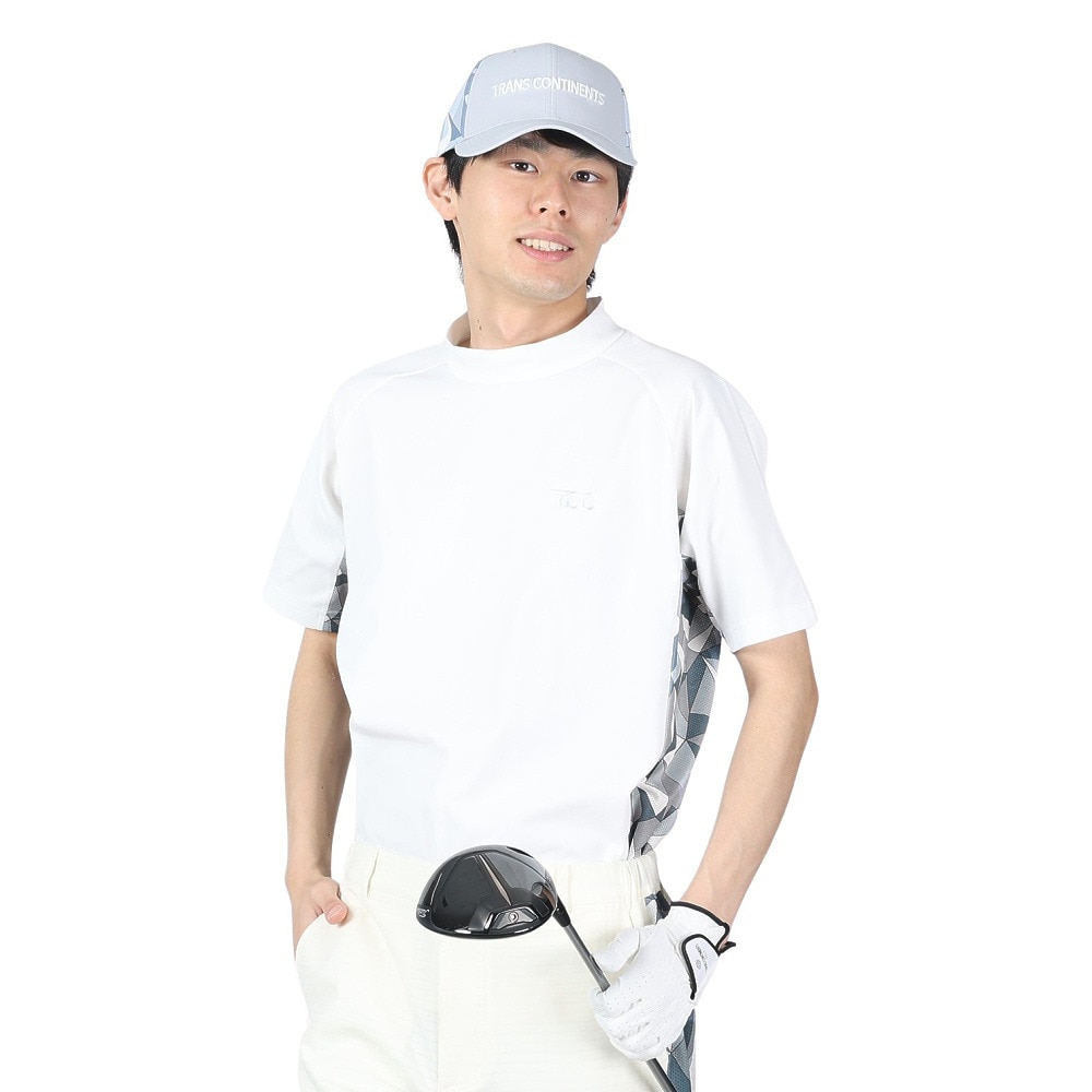 トランスコンチネンツ（TRANS CONTINENTS）（メンズ）ゴルフウェア 半袖 メンズ 幾何柄 モックネックTシャツ 24WTRX01-WH
