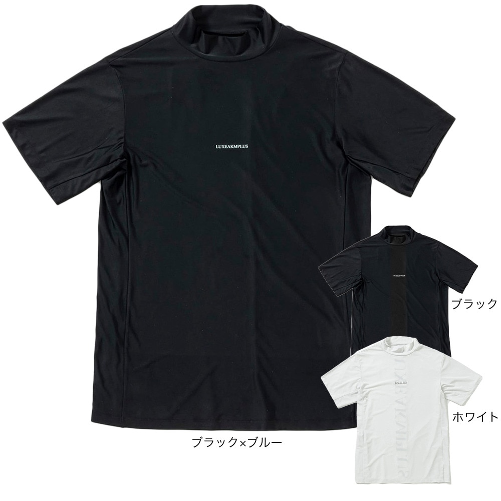 リュクスエイケイエムプラス（LUXEAKMPLU）（メンズ）ゴルフ 半袖 BACK VERTICAL ロゴモックネックシャツ LAT-24003black x turquoise