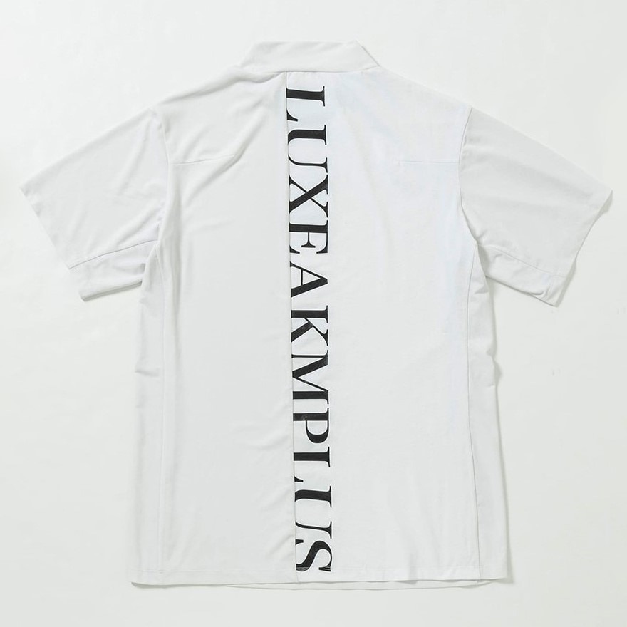 リュクスエイケイエムプラス（LUXEAKMPLU）（メンズ）ゴルフウェア 半袖 BACK VERTICAL ロゴモックネックシャツ LAT-24003white