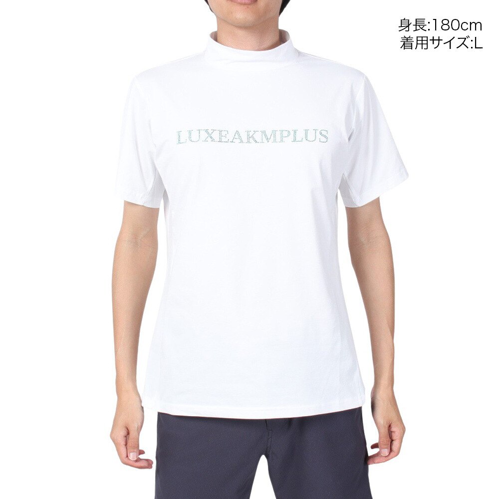 リュクスエイケイエムプラス（LUXEAKMPLU）（メンズ）ゴルフウェア 半袖 RHINESTONE モックネックシャツ LAT-24005white x turquoise