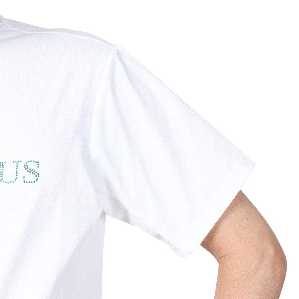 リュクスエイケイエムプラス（LUXEAKMPLU）（メンズ）ゴルフウェア 半袖 RHINESTONE モックネックシャツ LAT-24005white x turquoise