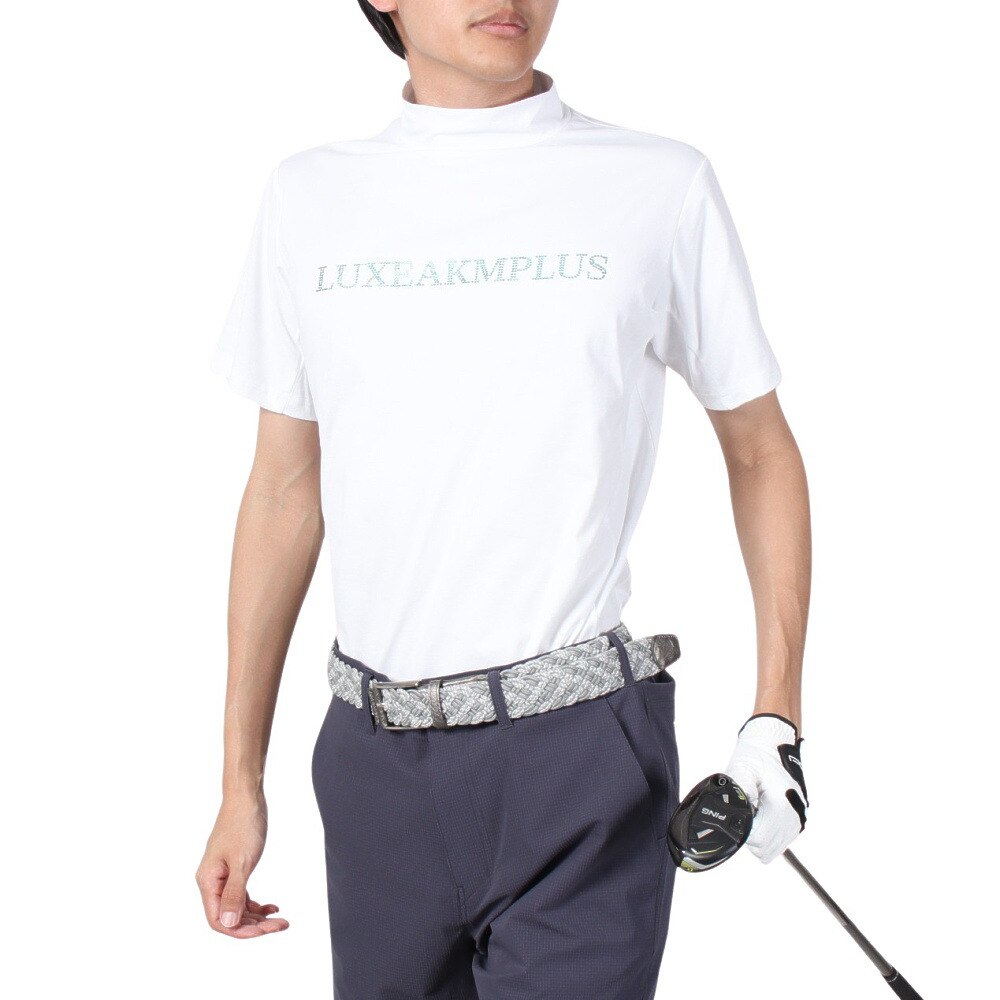 リュクスエイケイエムプラス（LUXEAKMPLU）（メンズ）ゴルフウェア 半袖 RHINESTONE モックネックシャツ LAT-24005white x turquoise