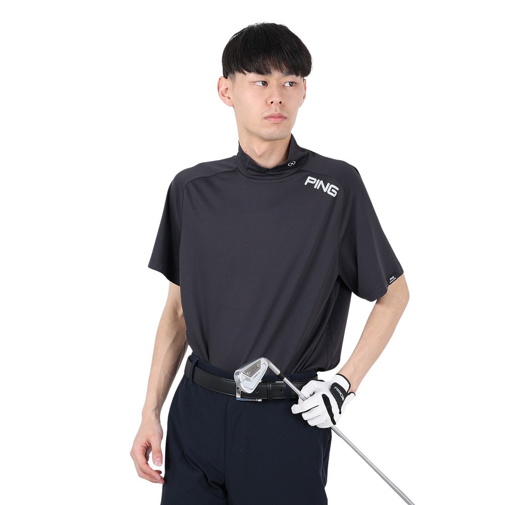 ピン（PING）（メンズ）ゴルフウェア モックネック 半袖 メッシュパネル ジャカード ハイネックシャツ 621-5167201-010