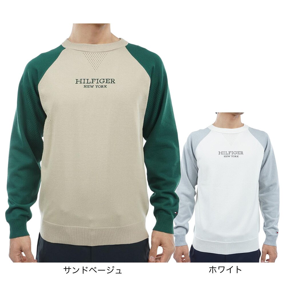 トミー ヒルフィガー ゴルフ（TOMMY HILFIGER GOLF）（メンズ）ゴルフウェア 長袖 フロントロゴ クルーネックセーター THMA401-WHT