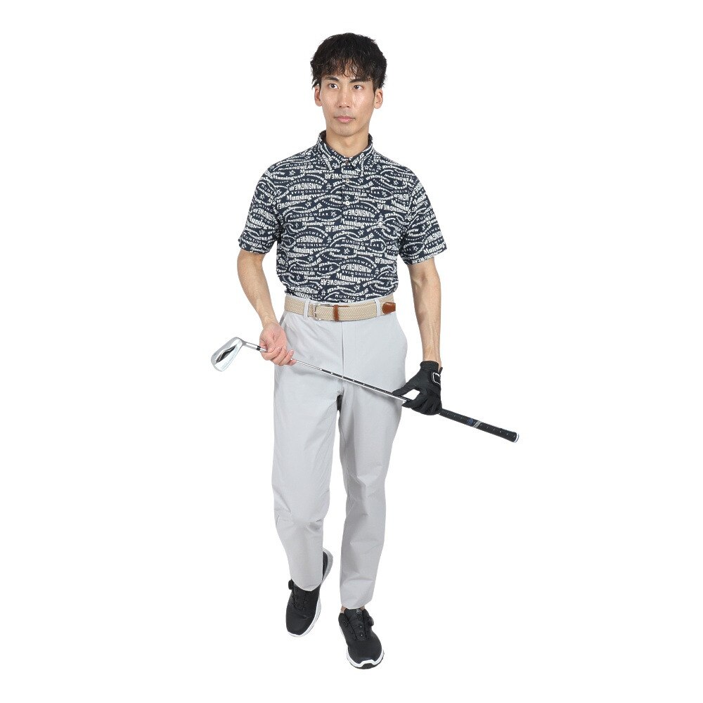 マンシングウエア（MUNSING WEAR）（メンズ）ゴルフウェア 吸汗速乾 遮熱 サンスクリーン マルチロゴ総柄プリント 半袖ポロシャツ MG5SHS84M NV00