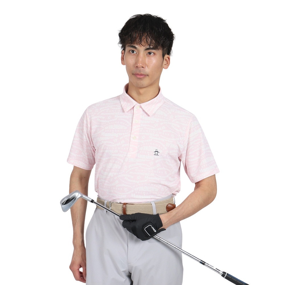 マンシングウエア（MUNSING WEAR）（メンズ）ゴルフウェア 吸汗速乾 遮熱 サンスクリーン マルチロゴ総柄プリント 半袖ポロシャツ MG5SHS84M PK00