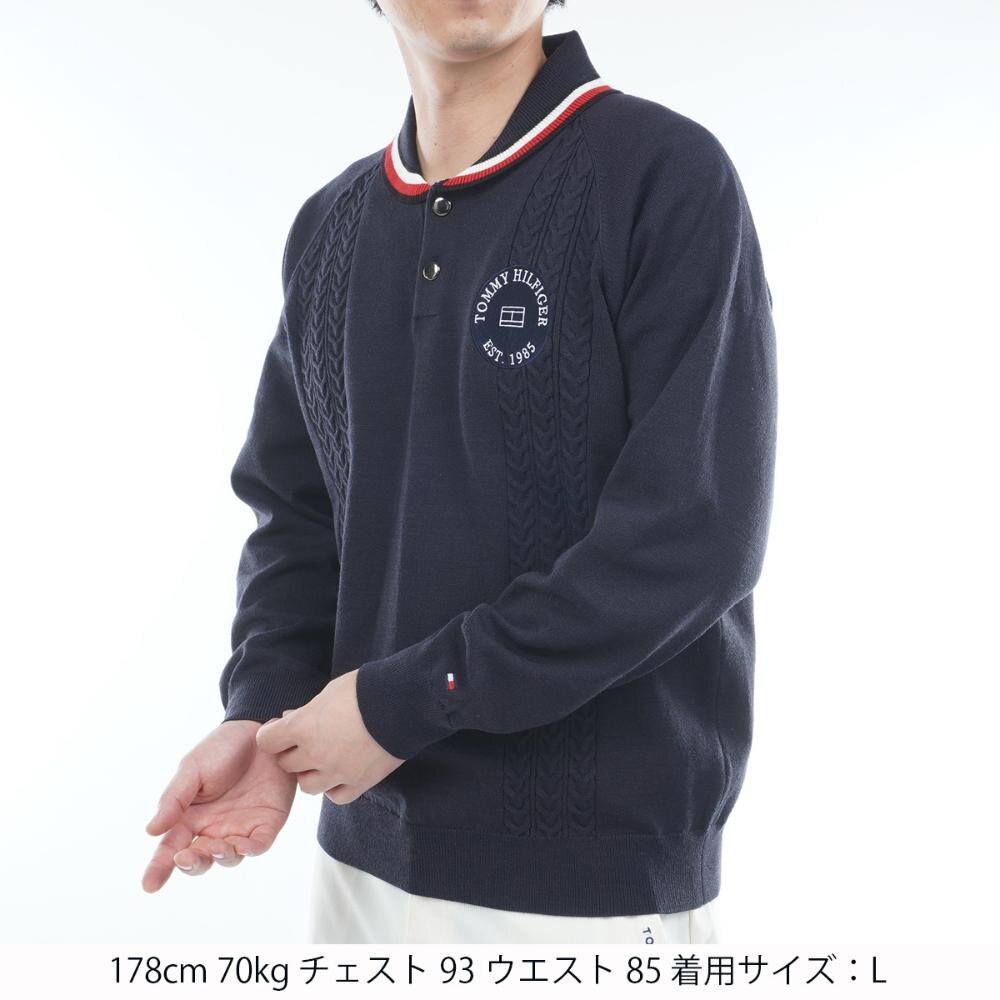 トミー ヒルフィガー ゴルフ（TOMMY HILFIGER GOLF）（メンズ）ゴルフウェア 保温 ケーブル柄 ショールカラーニット 長袖 THMA572-NVY