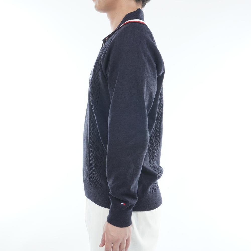 トミー ヒルフィガー ゴルフ（TOMMY HILFIGER GOLF）（メンズ）ゴルフウェア 保温 ケーブル柄 ショールカラーニット 長袖 THMA572-NVY