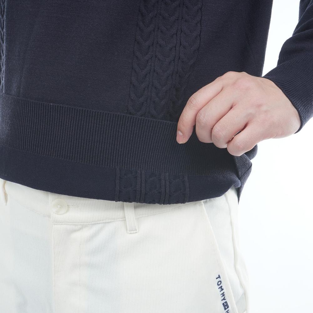 トミー ヒルフィガー ゴルフ（TOMMY HILFIGER GOLF）（メンズ）ゴルフウェア 保温 ケーブル柄 ショールカラーニット 長袖 THMA572-NVY