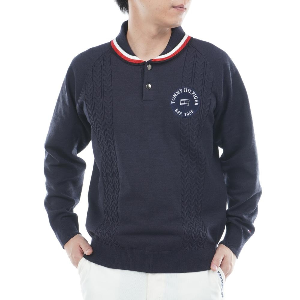 トミー ヒルフィガー ゴルフ（TOMMY HILFIGER GOLF）（メンズ）ゴルフウェア 保温 ケーブル柄 ショールカラーニット 長袖 THMA572-NVY