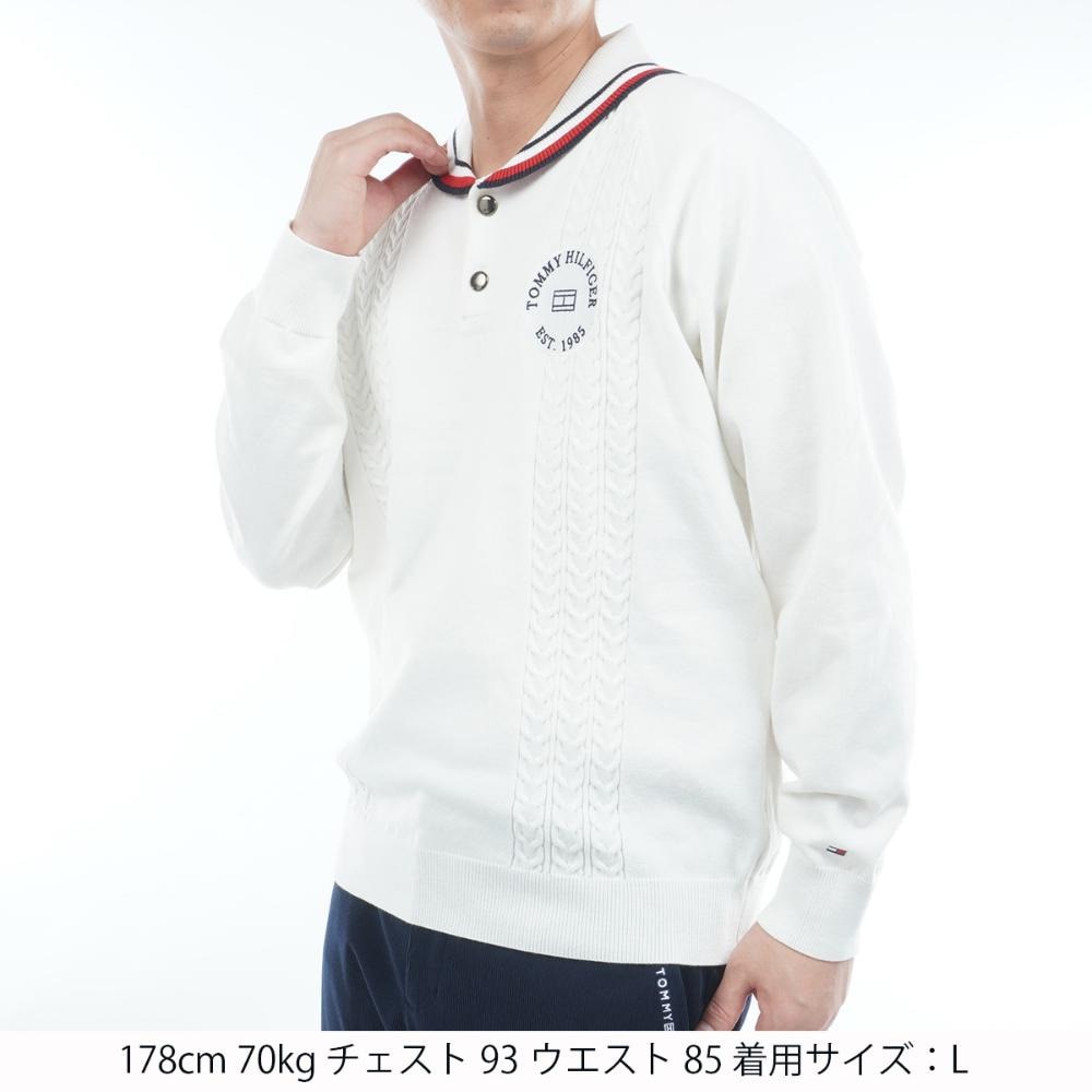 トミー ヒルフィガー ゴルフ（TOMMY HILFIGER GOLF）（メンズ）ゴルフウェア 保温 ケーブル柄 ショールカラーニット 長袖 THMA572-WHT