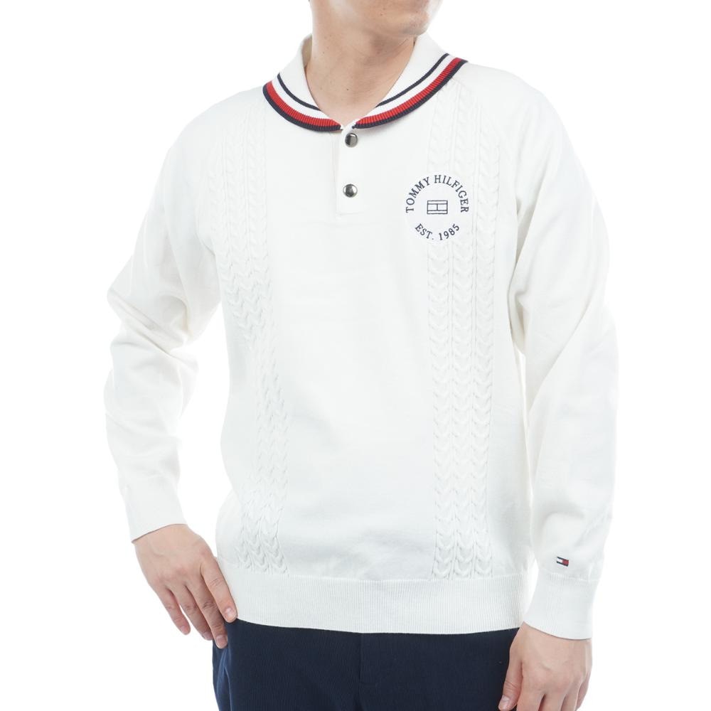 トミー ヒルフィガー ゴルフ（TOMMY HILFIGER GOLF）（メンズ）ゴルフウェア 保温 ケーブル柄 ショールカラーニット 長袖 THMA572-WHT