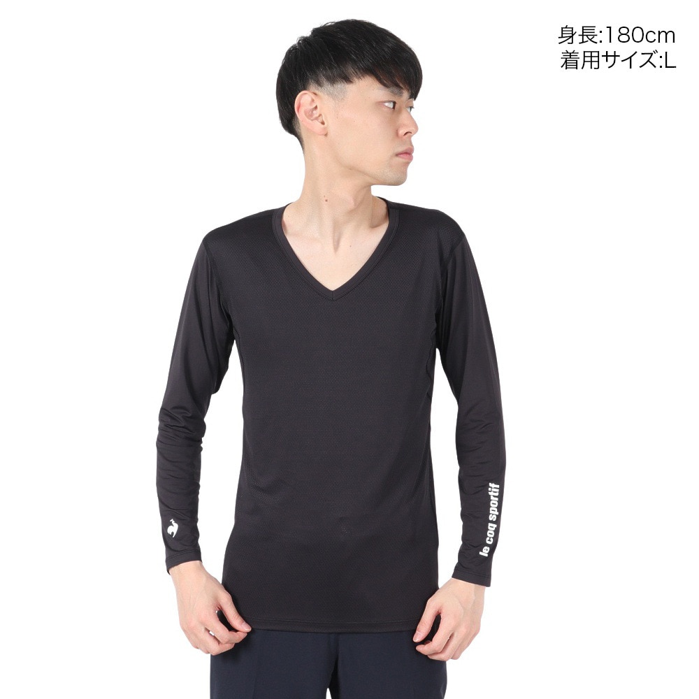 ルコックスポルティフ（lecoqsportif）（メンズ）ゴルフウェア 吸汗速乾 ストレッチフォーサー Vネック メッシュ 長袖 アンダーシャツ QGMXJM01BK00