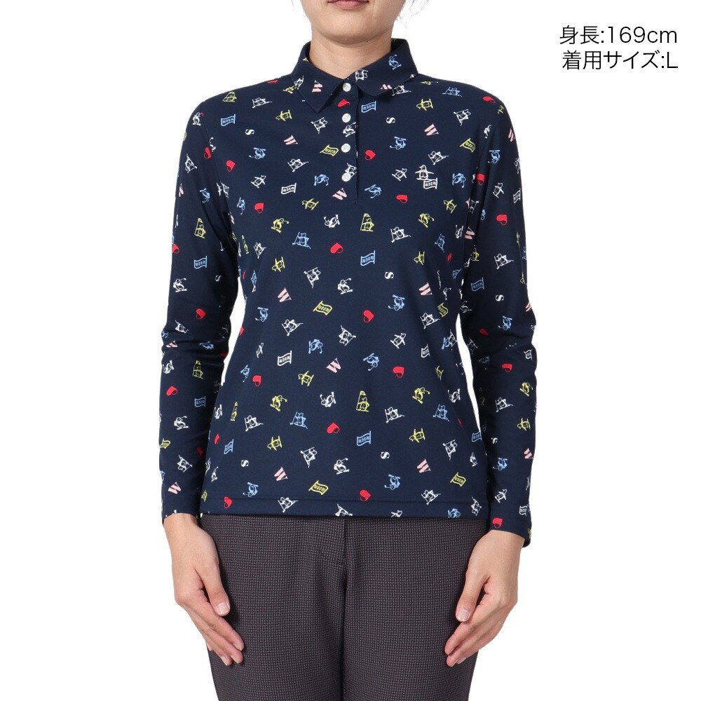 マンシングウエア（MUNSING WEAR）（レディース）ゴルフウェア 吸汗速乾 ストレッチ ペンギン飛び柄 長袖 ポロシャツ MG4FLS80L NV00