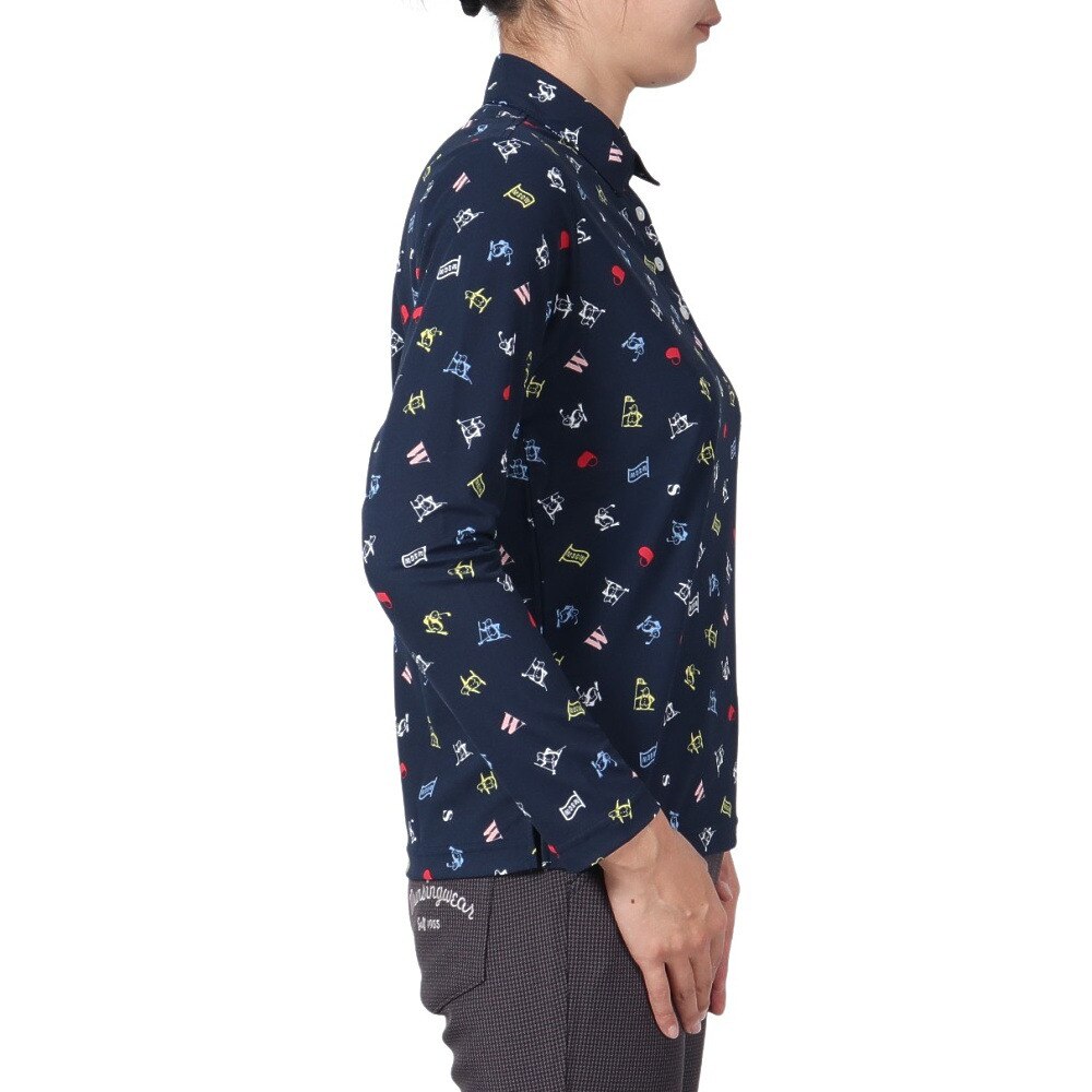 マンシングウエア（MUNSING WEAR）（レディース）ゴルフウェア 吸汗速乾 ストレッチ ペンギン飛び柄 長袖 ポロシャツ MG4FLS80L NV00