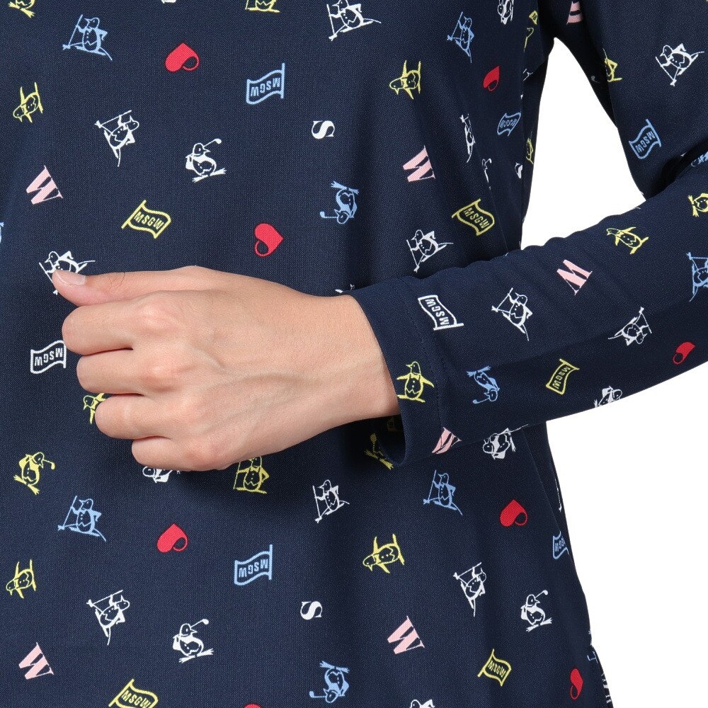 マンシングウエア（MUNSING WEAR）（レディース）ゴルフウェア 吸汗速乾 ストレッチ ペンギン飛び柄 長袖 ポロシャツ MG4FLS80L NV00