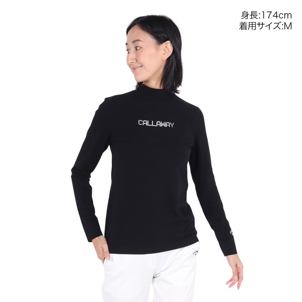 サイズ：L CALLAWAY キャロウェイ 2024年モデル ハイネック フロントプリント長袖Tシャツ  ブラック系 [240101415255] ゴルフウェア レディース ストスト サイズ：L CALLAWAY キャロウェイ 2024年モデル ハイネック