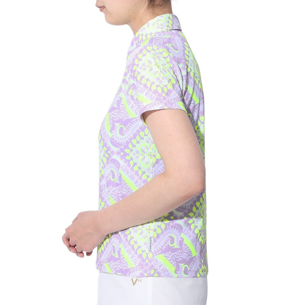 ビバハート（VIVA HEART）（レディース）ゴルフウェア 接触冷感 吸水速乾 アイスタッチカノコ マジョリカスカーフ柄 半袖シャツ 012-21443-081