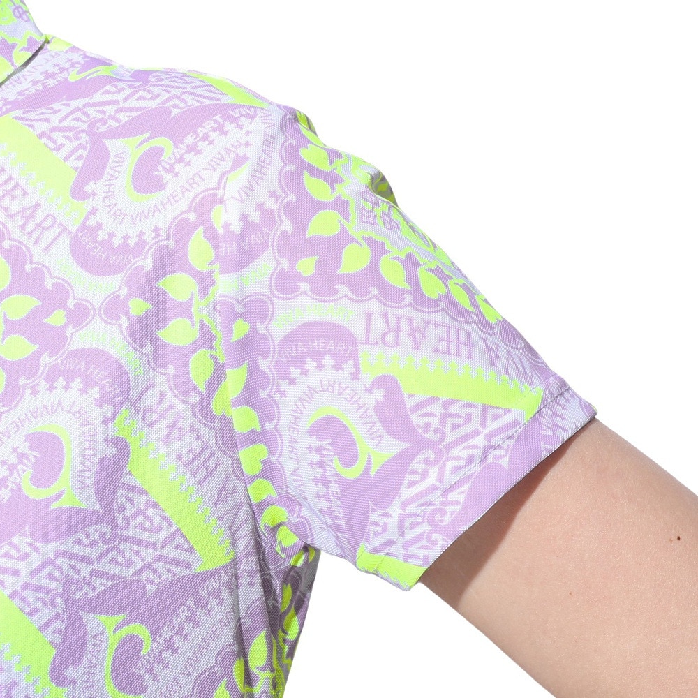 ビバハート（VIVA HEART）（レディース）ゴルフウェア 接触冷感 吸水速乾 アイスタッチカノコ マジョリカスカーフ柄 半袖シャツ 012-21443-081