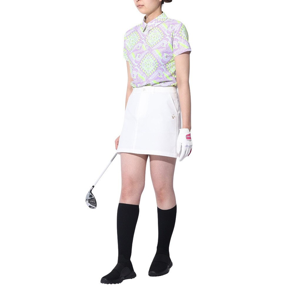 ビバハート（VIVA HEART）（レディース）ゴルフウェア 接触冷感 吸水速乾 アイスタッチカノコ マジョリカスカーフ柄 半袖シャツ 012-21443-081