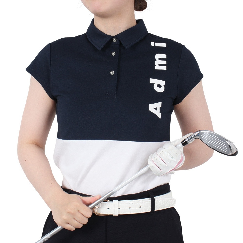 アドミラル ゴルフ（Admiral GOLF）（レディース）ゴルフウェア 吸水速乾 カノコ ブロッキング 半袖 キャップスリーブポロシャツ ADLA528-NVY