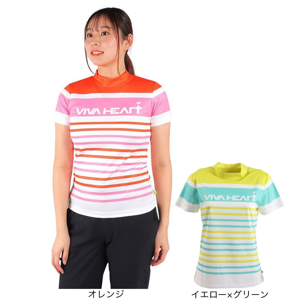 ビバハート（VIVA HEART）（レディース）ゴルフウェア 吸水 速乾 ストレッチポリボーダー半袖モックネック 012-28443-035