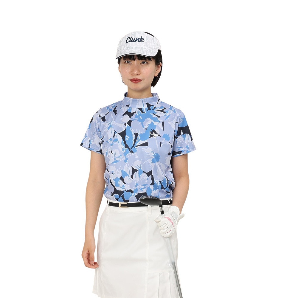 クランク（CLUNK）（レディース）ゴルフウェア 吸汗速乾 消臭 花柄グラフィック 半袖 モックネックシャツ CL5TUG14 NVY