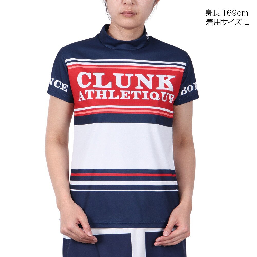 クランク（CLUNK）（レディース）ゴルフ 吸汗速乾 消臭 半袖 マルチボーダー モックネックシャツ CL5PUG55 NVY