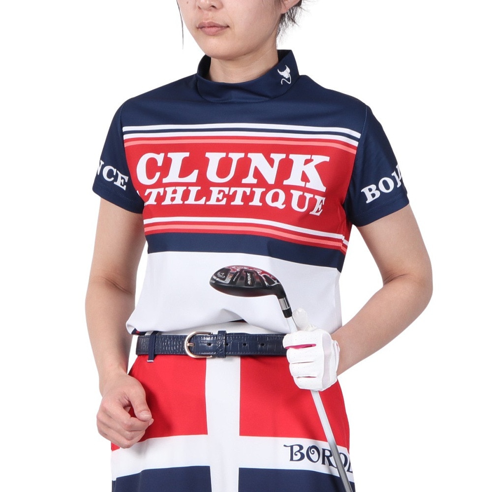 クランク（CLUNK）（レディース）ゴルフ 吸汗速乾 消臭 半袖 マルチボーダー モックネックシャツ CL5PUG55 NVY