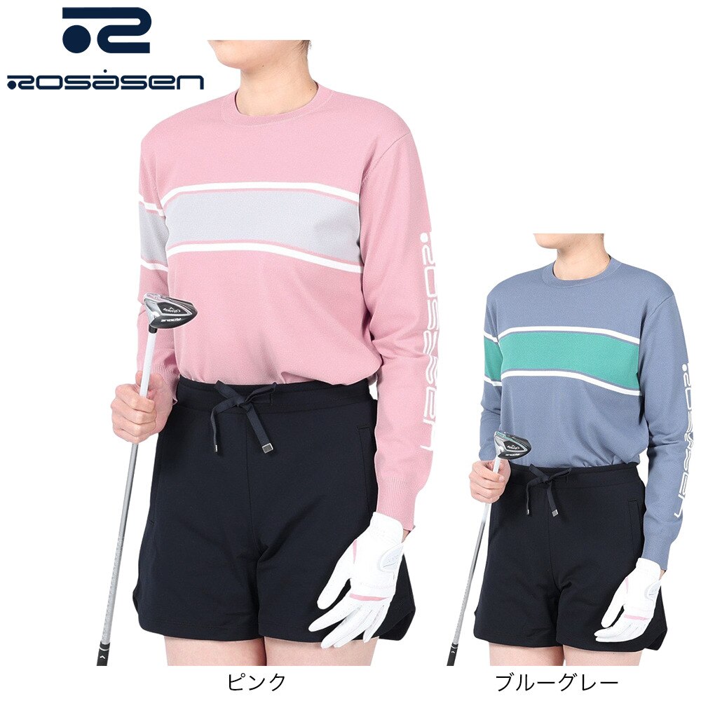 ROSASEN（レディース）ゴルフウェア 長袖 配色ニット 048-11311-074
