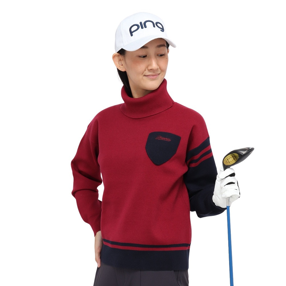 ピン（PING）（レディース）ゴルフウェア 長袖 オフタートル バイカラーニット 622-5275001-100