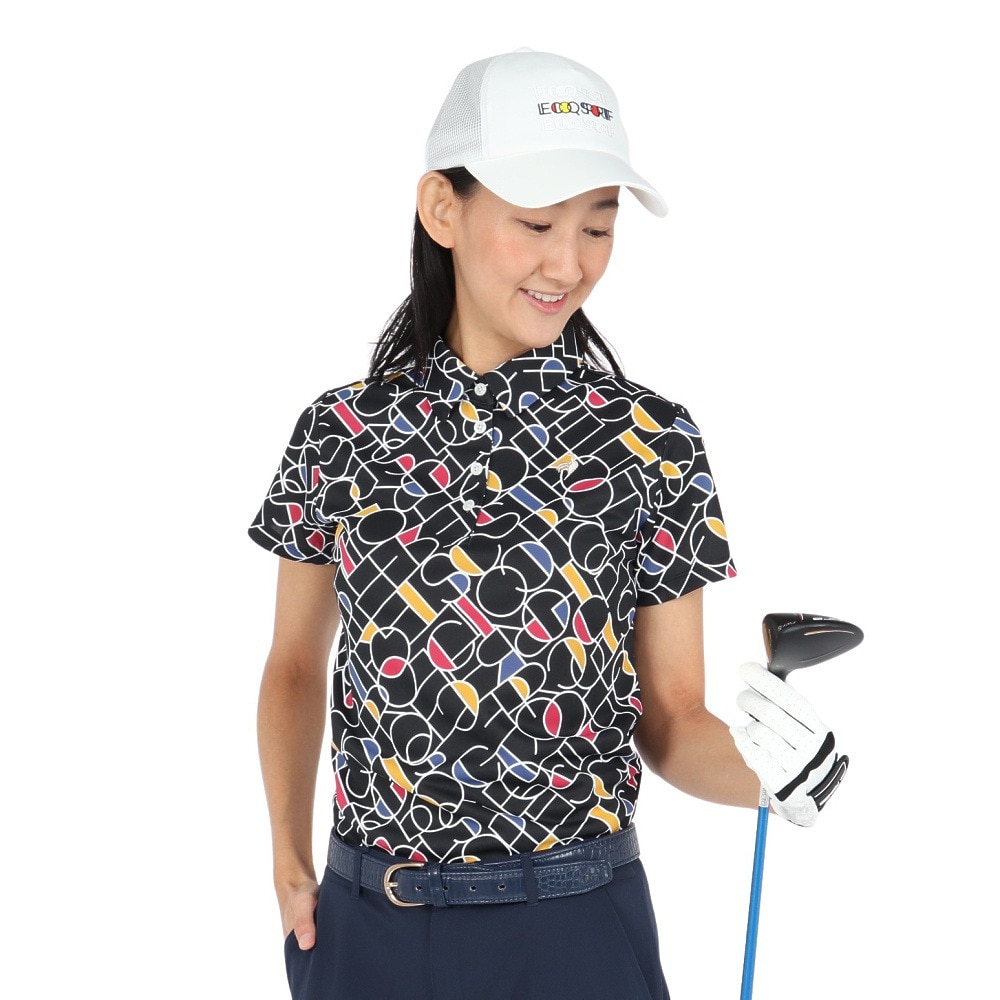 ルコックスポルティフ（lecoqsportif）（レディース）ゴルフウェア 吸汗速乾 カラーブロック 総柄半袖シャツ LG5SHS07L BK00