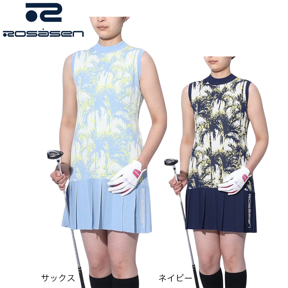 ROSASEN（レディース）ゴルフウェア ノースリーブ A-Line パームツリーニットワンピ 048-61372-092