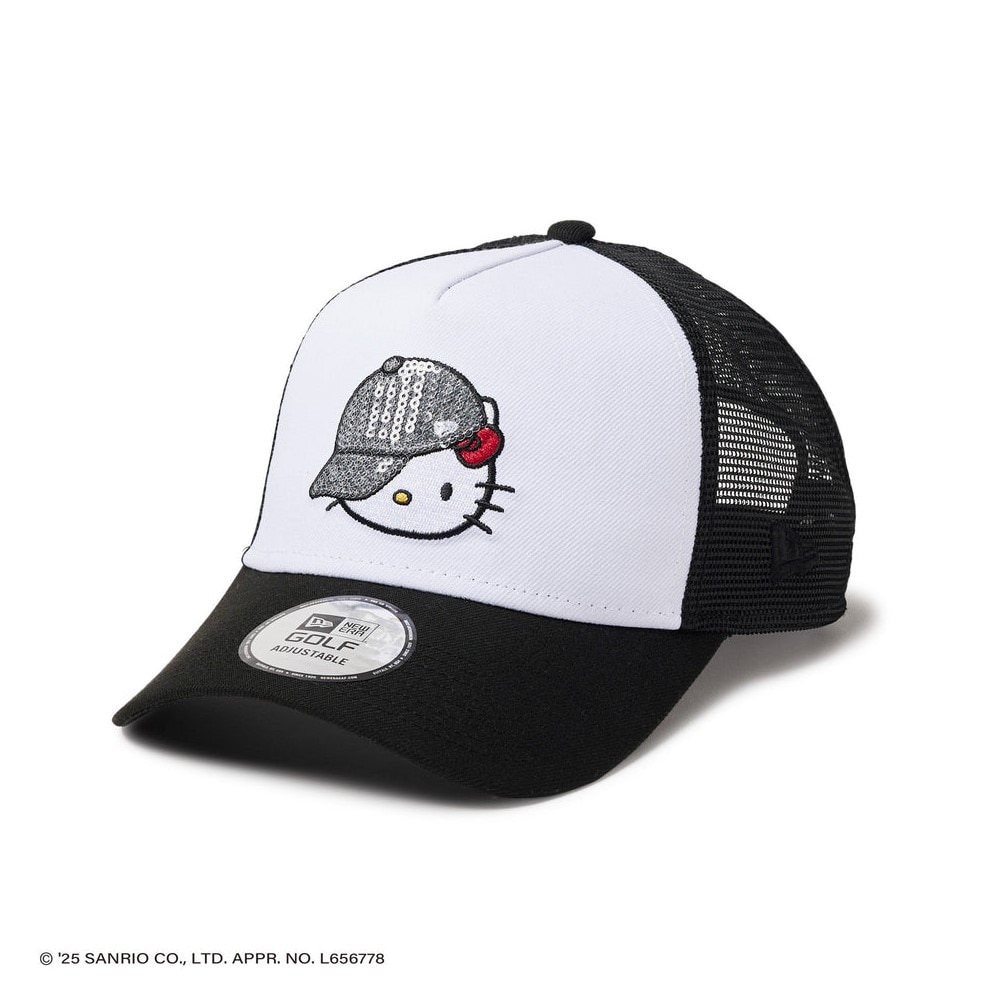 ニューエラ（NEW ERA）（レディース）ゴルフ 9FORTY A-Frame トラッカー ハローキティ スパンコール キャップ ホワイト ブラック 14348596