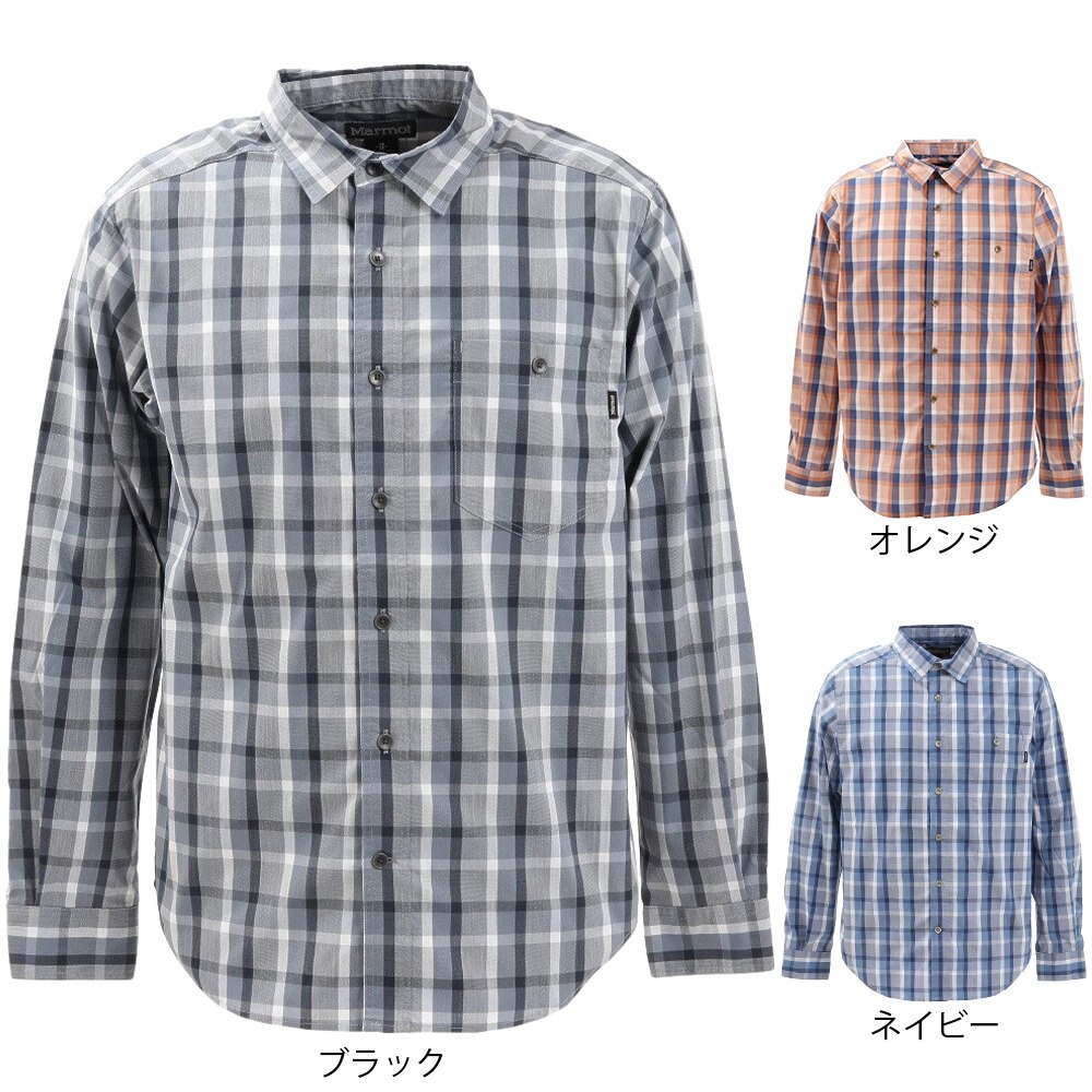 マーモット（Marmot）（メンズ）長袖シャツ PLAIN チェックシャツ TOMRJB77XB OR オレンジ 速乾 抗菌 防臭 UVカット カジュアルシャツ